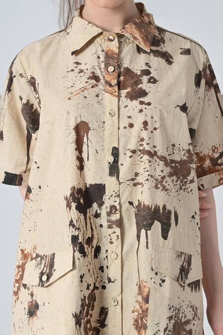 Samant Chauhan Beige Cotton Collared Abstract Print Shirt Dress at Aza Fashions Samant Chauhan_Beige Cotton Collared Abstract Print Shirt Dress _at_Aza_Fashions