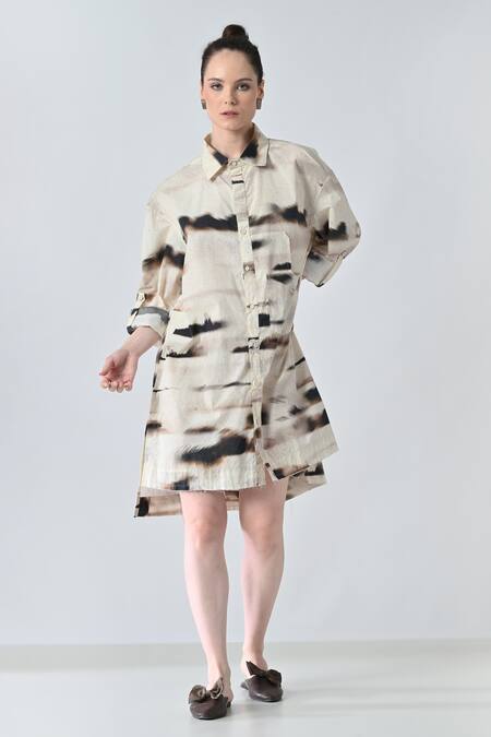 Buy_Samant Chauhan_Beige Cotton Collared Brown Tone Shirt Dress _Online_at_Aza_Fashions
