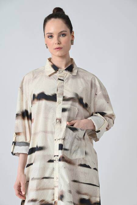 Samant Chauhan_Beige Cotton Collared Brown Tone Shirt Dress _at_Aza_Fashions