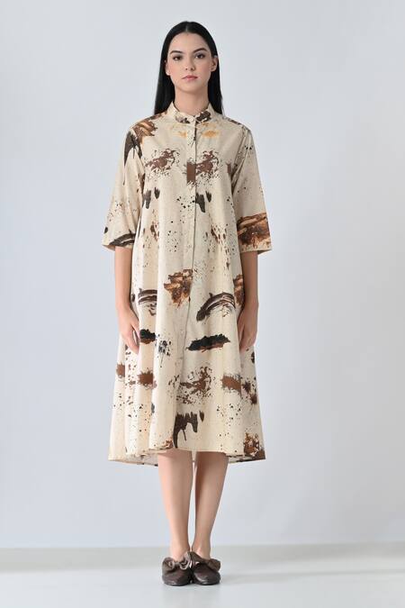 Samant Chauhan_Beige Cotton Collared Splash Brown Shirt Dress _Online_at_Aza_Fashions