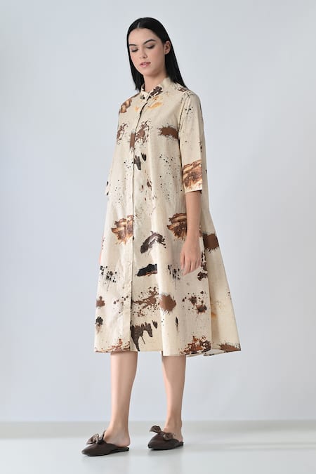 Buy_Samant Chauhan_Beige Cotton Collared Splash Brown Shirt Dress _Online_at_Aza_Fashions