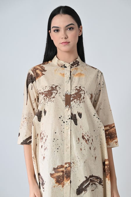 Shop_Samant Chauhan_Beige Cotton Collared Splash Brown Shirt Dress _Online_at_Aza_Fashions
