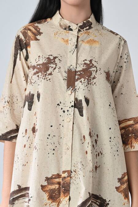 Samant Chauhan_Beige Cotton Collared Splash Brown Shirt Dress _at_Aza_Fashions