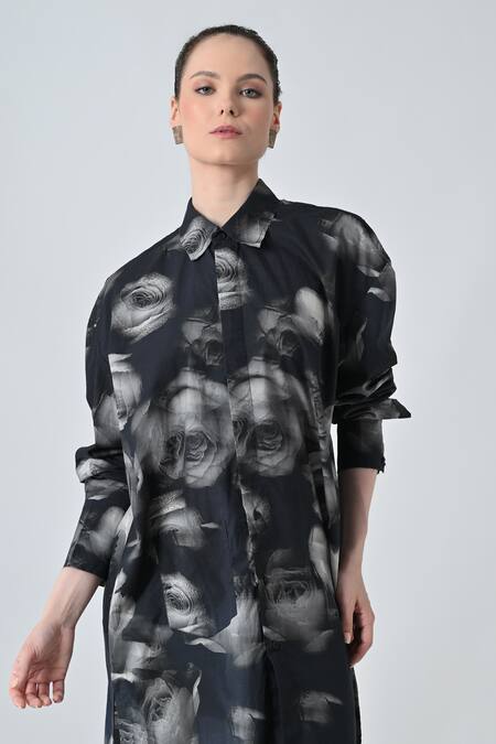 Samant Chauhan_Black Cotton Collared Blur Rose Print Shirt _Online_at_Aza_Fashions
