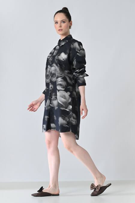 Shop_Samant Chauhan_Black Cotton Collared Blur Rose Print Shirt _Online_at_Aza_Fashions