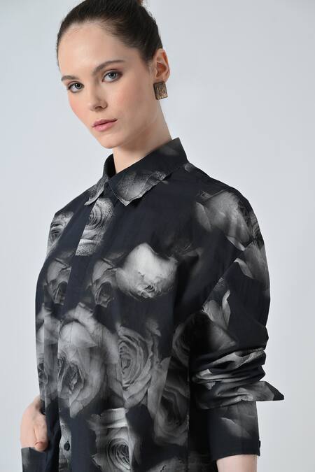 Samant Chauhan_Black Cotton Collared Blur Rose Print Shirt _at_Aza_Fashions