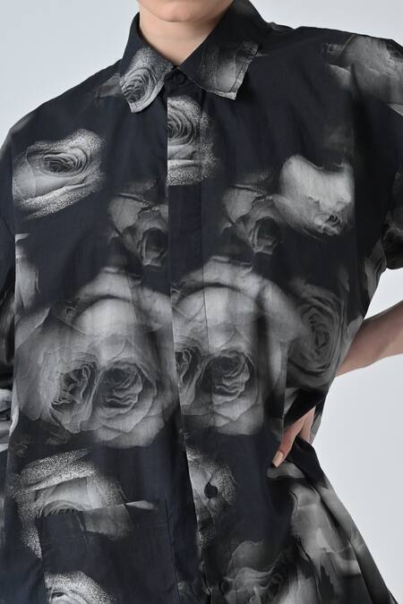 Buy_Samant Chauhan_Black Cotton Collared Blur Rose Print Shirt 