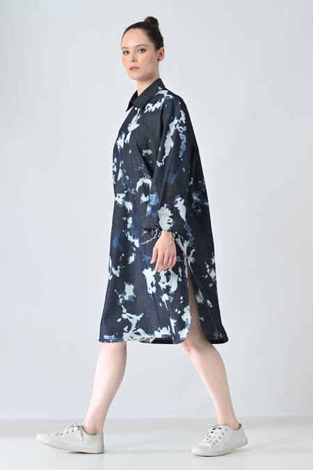 Buy_Samant Chauhan_Blue Cotton Collared Wash Effect Shirt Dress _Online_at_Aza_Fashions