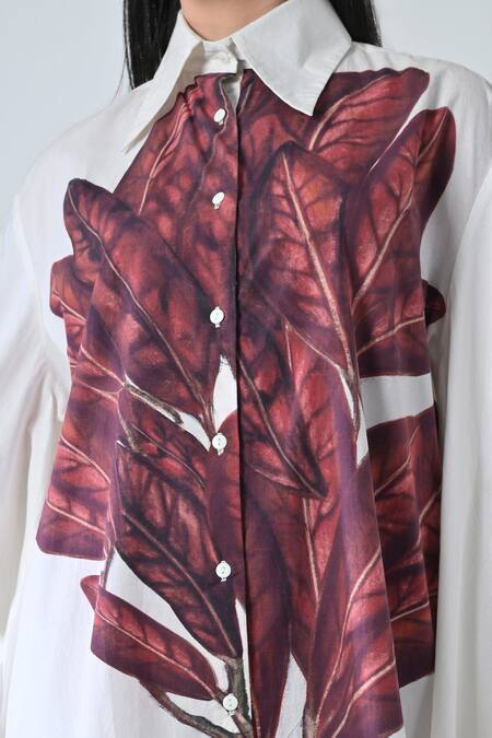 Samant Chauhan_White Cotton Collared Leaf Patch Shirt Dress _Online_at_Aza_Fashions