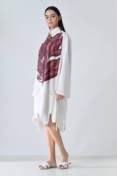 Buy_Samant Chauhan_White Cotton Collared Leaf Patch Shirt Dress _Online_at_Aza_Fashions