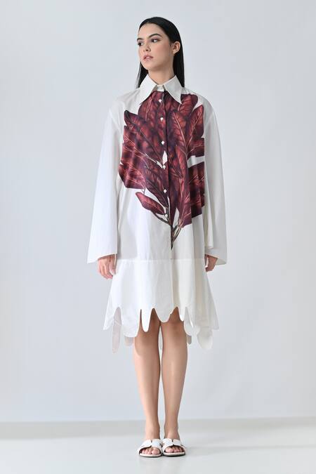 Shop_Samant Chauhan_White Cotton Collared Leaf Patch Shirt Dress _Online_at_Aza_Fashions