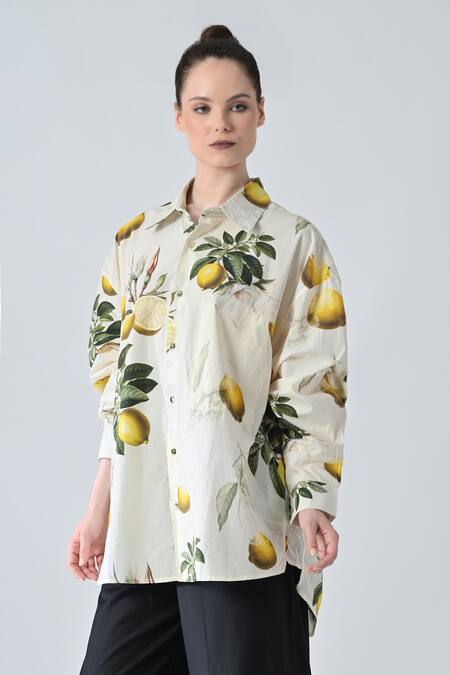 Samant Chauhan_Off White Cotton Collared Citrus Pop Shirt _at_Aza_Fashions