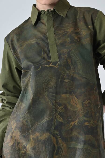 Buy_Samant Chauhan_Green Cotton Collared, Button-down Neck Olive Pattern Shirt _Online_at_Aza_Fashions