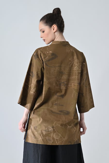 Shop Samant Chauhan Brown Cotton Embroidery Mandarin Collar Tropical Designer Top at Aza Fashions Shop_Samant Chauhan_Brown Cotton Embroidery Mandarin Collar Tropical Designer Top _at_Aza_Fashions