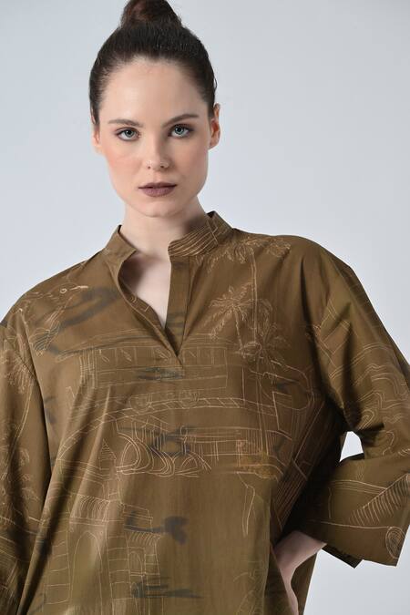 Buy Samant Chauhan Brown Cotton Embroidery Mandarin Collar Tropical Designer Top Online at Aza Fashions Buy_Samant Chauhan_Brown Cotton Embroidery Mandarin Collar Tropical Designer Top _Online_at_Aza_Fashions
