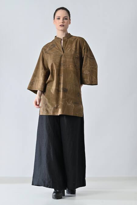 Shop Samant Chauhan Brown Cotton Embroidery Mandarin Collar Tropical Designer Top Online at Aza Fashions Shop_Samant Chauhan_Brown Cotton Embroidery Mandarin Collar Tropical Designer Top _Online_at_Aza_Fashions