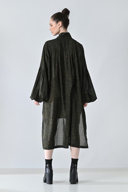Shop Samant Chauhan Green Cotton, Viscose Collared Olive Shirt Dress at Aza Fashions Shop_Samant Chauhan_Green Cotton, Viscose Collared Olive Shirt Dress _at_Aza_Fashions