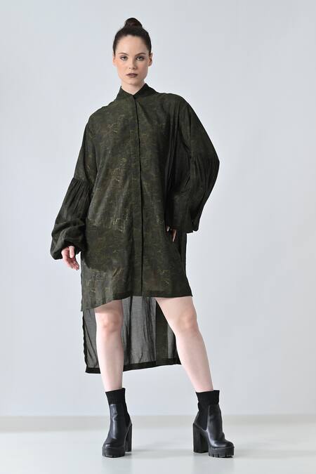 Buy Samant Chauhan Green Cotton, Viscose Collared Olive Shirt Dress Online at Aza Fashions Buy_Samant Chauhan_Green Cotton, Viscose Collared Olive Shirt Dress _Online_at_Aza_Fashions