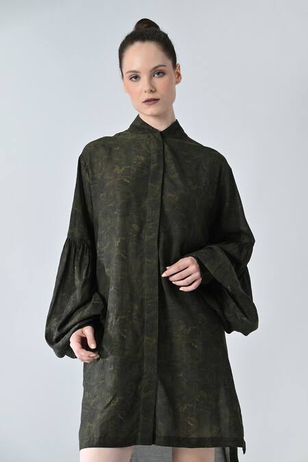 Shop Samant Chauhan Green Cotton, Viscose Collared Olive Shirt Dress Online at Aza Fashions Shop_Samant Chauhan_Green Cotton, Viscose Collared Olive Shirt Dress _Online_at_Aza_Fashions