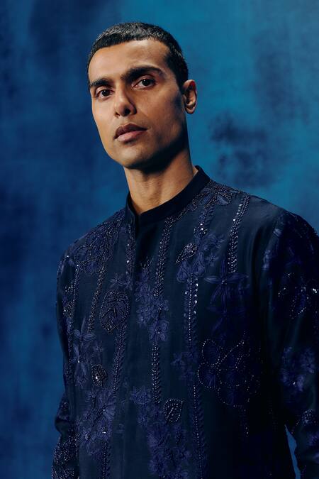 Buy Mishru Navy Chanderi Embroidery Blue Vitor Shirt Set Online at Aza Fashions Buy_Mishru_Navy Chanderi Embroidery Blue Vitor Shirt Set _Online_at_Aza_Fashions