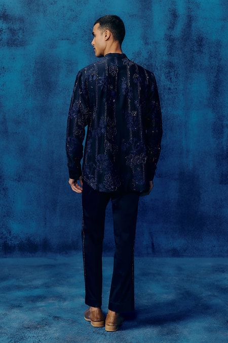 Shop Mishru Navy Chanderi Embroidery Blue Vitor Shirt Set at Aza Fashions Shop_Mishru_Navy Chanderi Embroidery Blue Vitor Shirt Set _at_Aza_Fashions