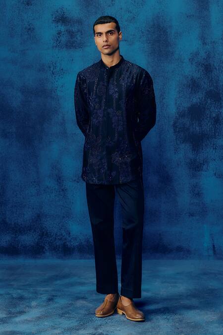 Shop Mishru Navy Chanderi Embroidery Blue Vitor Shirt Set Online at Aza Fashions Shop_Mishru_Navy Chanderi Embroidery Blue Vitor Shirt Set _Online_at_Aza_Fashions