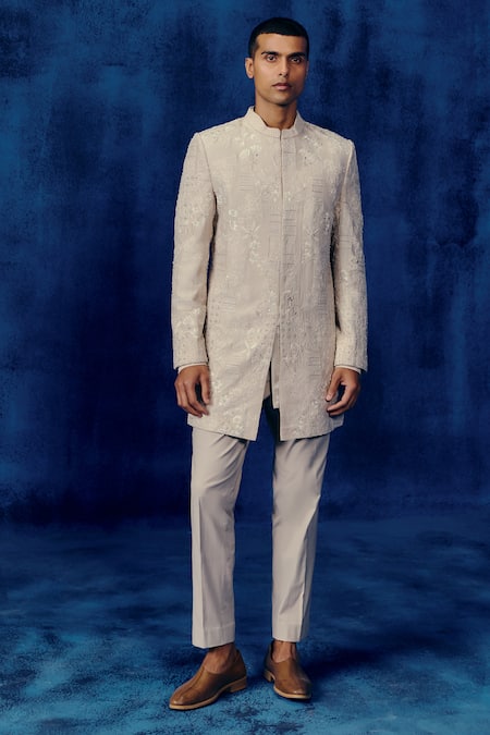 Mishru Beige Embroidery Zavi Sherwani Set