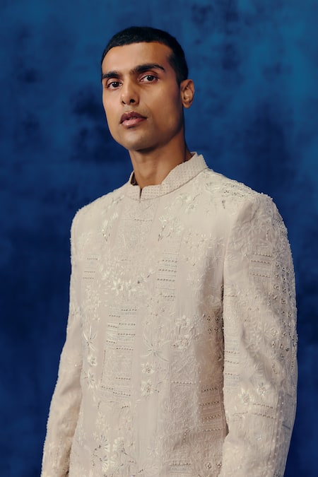 Buy Mishru Beige Embroidery Zavi Sherwani Set Online at Aza Fashions Buy_Mishru_Beige Embroidery Zavi Sherwani Set _Online_at_Aza_Fashions