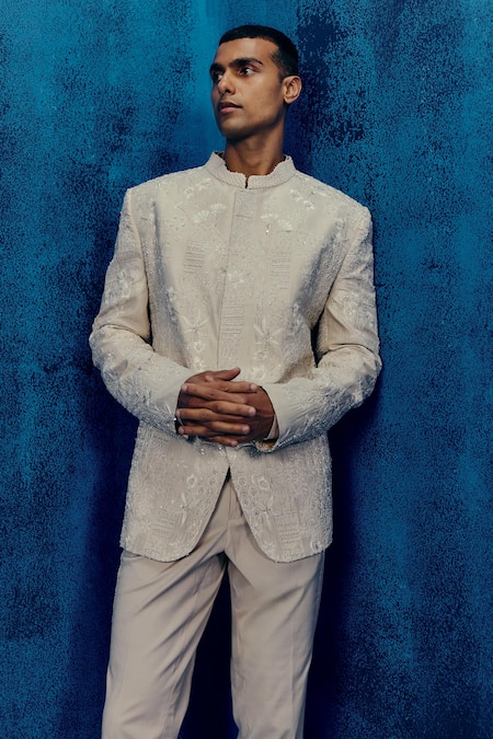 Buy Mishru Gray Doriya Embroidery Designer Arlo Bandhgala Set Online at Aza Fashions Buy_Mishru_Gray Doriya Embroidery Designer Arlo Bandhgala Set _Online_at_Aza_Fashions