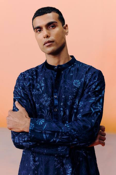 Shop Mishru Blue Chanderi Embroidery Navy Kane Kurta Set Online at Aza Fashions Shop_Mishru_Blue Chanderi Embroidery Navy Kane Kurta Set _Online_at_Aza_Fashions