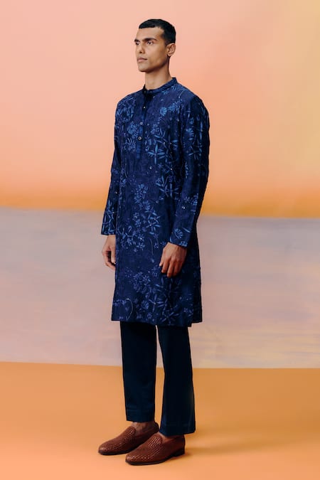 Mishru Blue Chanderi Embroidery Navy Kane Kurta Set at Aza Fashions Mishru_Blue Chanderi Embroidery Navy Kane Kurta Set _at_Aza_Fashions