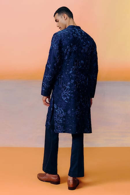 Shop Mishru Blue Chanderi Embroidery Navy Kane Kurta Set at Aza Fashions Shop_Mishru_Blue Chanderi Embroidery Navy Kane Kurta Set _at_Aza_Fashions