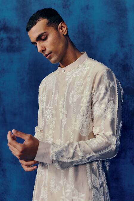 Buy_Mishru_Gray Chanderi Embroidery Designer Vitor Kurta And Pant Set _Online_at_Aza_Fashions