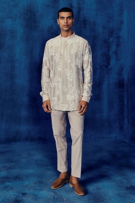 Mishru Gray Chanderi Embroidery Designer Vitor Kurta And Pant Set 