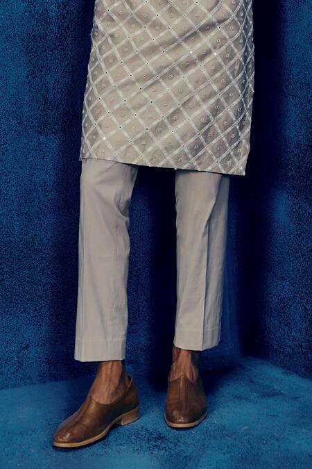 Mishru_Gray Chanderi Embroidery Designer Elio Kurta Set _Online_at_Aza_Fashions