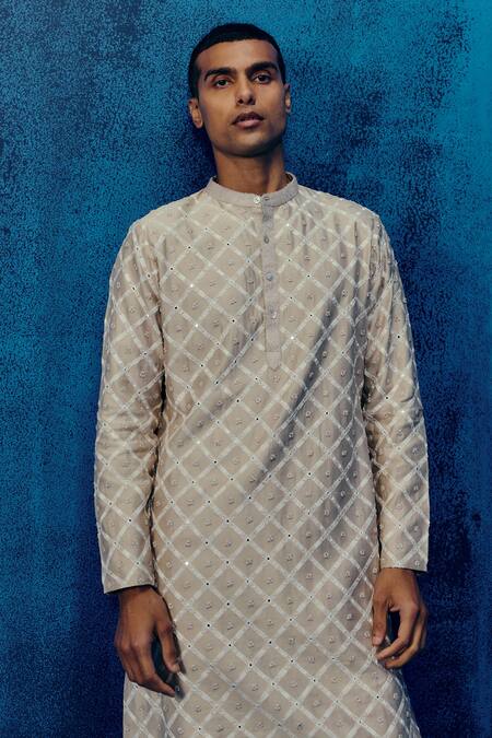 Buy_Mishru_Gray Chanderi Embroidery Designer Elio Kurta Set _Online_at_Aza_Fashions