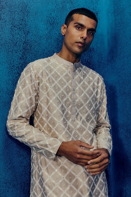 Shop_Mishru_Gray Chanderi Embroidery Designer Elio Kurta Set _Online_at_Aza_Fashions