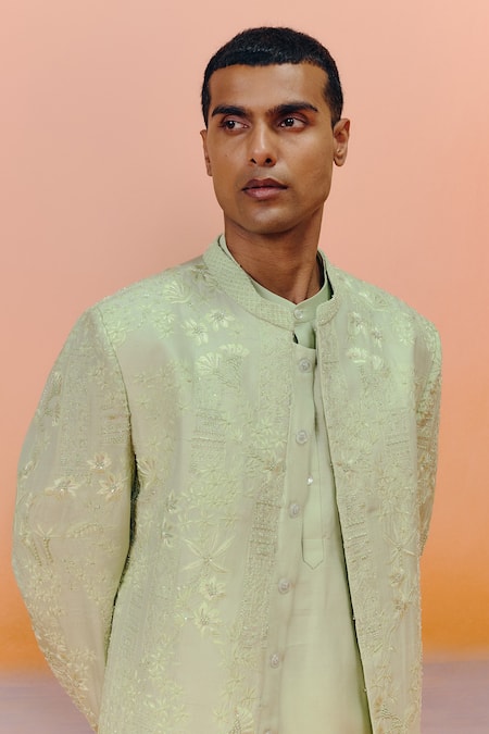 Mishru Green Silk Embroidery Albie Sherwani Set Online at Aza Fashions Mishru_Green Silk Embroidery Albie Sherwani Set _Online_at_Aza_Fashions