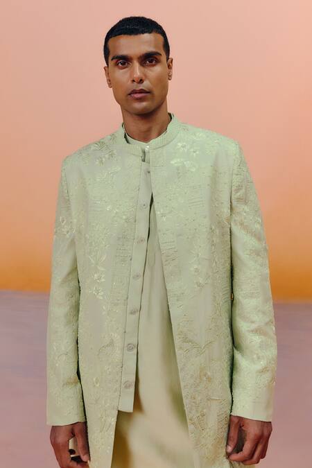 Buy Mishru Green Silk Embroidery Albie Sherwani Set Online at Aza Fashions Buy_Mishru_Green Silk Embroidery Albie Sherwani Set _Online_at_Aza_Fashions