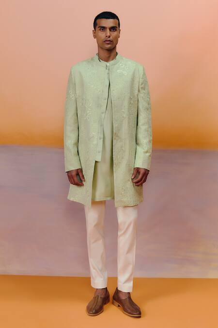 Shop Mishru Green Silk Embroidery Albie Sherwani Set Online at Aza Fashions Shop_Mishru_Green Silk Embroidery Albie Sherwani Set _Online_at_Aza_Fashions