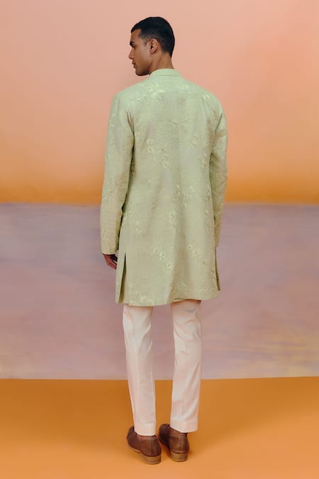 Shop Mishru Green Silk Embroidery Albie Sherwani Set at Aza Fashions Shop_Mishru_Green Silk Embroidery Albie Sherwani Set _at_Aza_Fashions