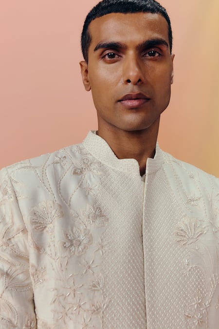 Mishru Ivory Embroidery Troy Sherwani Set Online at Aza Fashions Mishru_Ivory Embroidery Troy Sherwani Set _Online_at_Aza_Fashions
