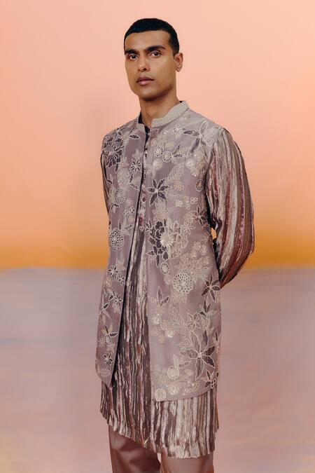Buy_Mishru_Rose Gold Tissue Embroidery Brown Emir Jacket Set _Online_at_Aza_Fashions