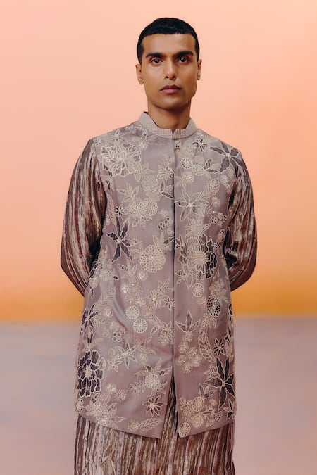 Shop_Mishru_Rose Gold Tissue Embroidery Brown Emir Jacket Set _Online_at_Aza_Fashions