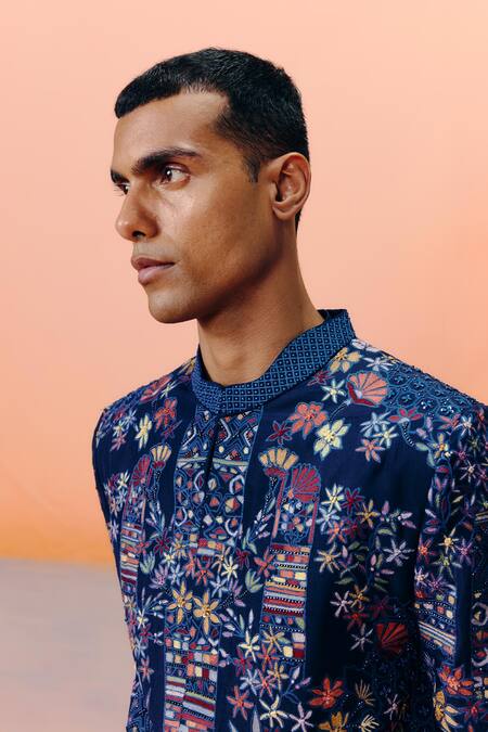 Buy Mishru Navy Embroidery Blue Designer Albie Sherwani Set Online at Aza Fashions Buy_Mishru_Navy Embroidery Blue Designer Albie Sherwani Set _Online_at_Aza_Fashions