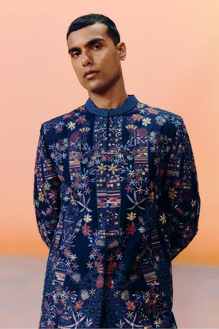 Shop Mishru Navy Embroidery Blue Designer Albie Sherwani Set Online at Aza Fashions Shop_Mishru_Navy Embroidery Blue Designer Albie Sherwani Set _Online_at_Aza_Fashions