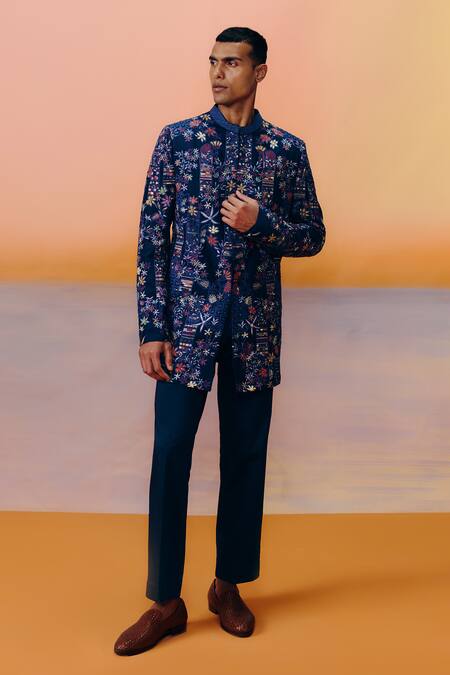 Mishru Navy Embroidery Blue Designer Albie Sherwani Set at Aza Fashions Mishru_Navy Embroidery Blue Designer Albie Sherwani Set _at_Aza_Fashions