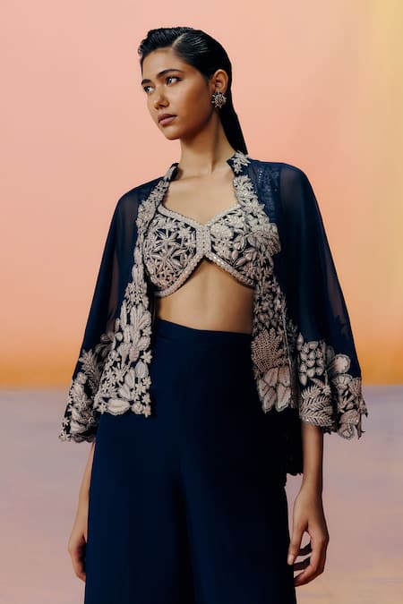 Mishru Navy Organza Embroidery Open , Round Blue Kalie Cape Set Online at Aza Fashions Mishru_Navy Organza Embroidery Open , Round Blue Kalie Cape Set _Online_at_Aza_Fashions