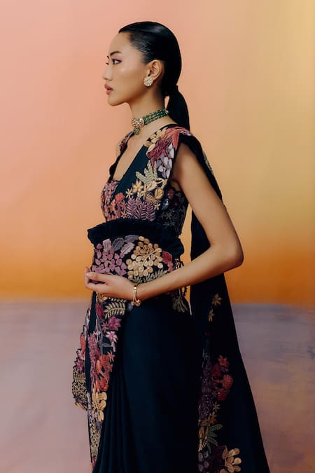 Mishru_Black Silk Embroidery Square Neck Floral Nysa Saree Set _Online_at_Aza_Fashions