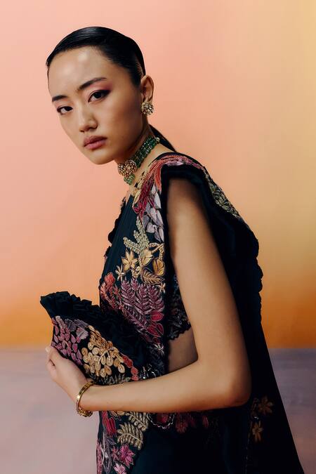 Buy_Mishru_Black Silk Embroidery Square Neck Floral Nysa Saree Set _Online_at_Aza_Fashions